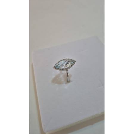 ANELLO Donna In ORO BIANCO 18 Karati 750% Con Zirconi Pietra Azzurra A Mandorla