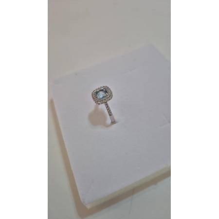 ANELLO Donna In ORO BIANCO 18 Karati 750% Con Zirconi Pietra Azzurra Squadrata