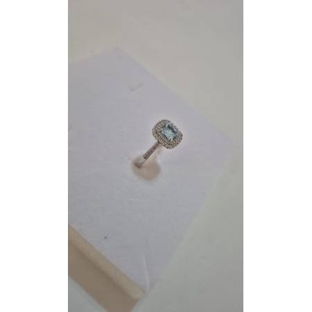ANELLO Donna In ORO BIANCO 18 Karati 750% Con Zirconi Pietra Azzurra Squadrata