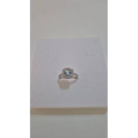 ANELLO Donna In ORO BIANCO 18 Karati 750% Con Zirconi Pietra Azzurra Squadrata