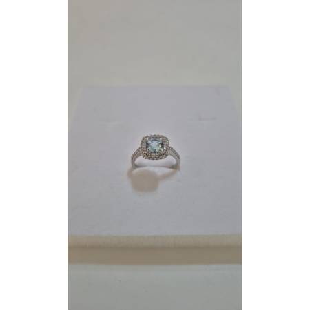 ANELLO Donna In ORO BIANCO 18 Karati 750% Con Zirconi Pietra Azzurra Squadrata