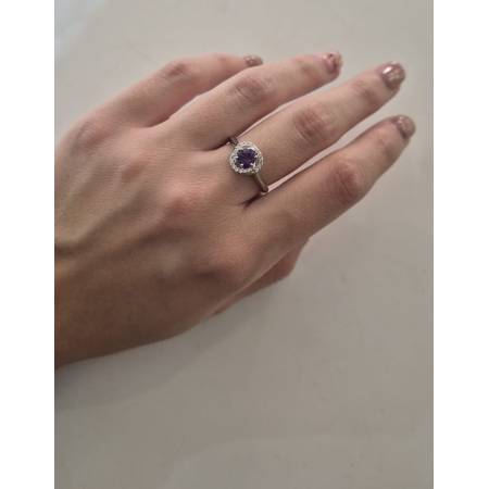 ANELLO Donna ORO BIANCO 18 Karati 750% Con Zirconi Pietra Viola Tonda Centrale
