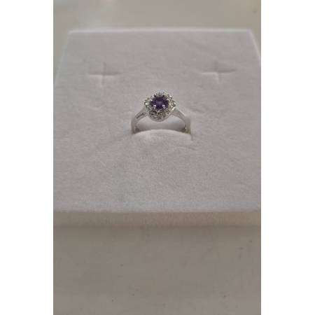 ANELLO Donna ORO BIANCO 18 Karati 750% Con Zirconi Pietra Viola Tonda Centrale