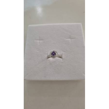 ANELLO Donna ORO BIANCO 18 Karati 750% Con Zirconi Pietra Viola Tonda Centrale