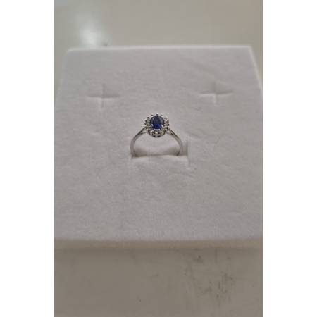 ANELLO Donna In ORO BIANCO 18 Karati 750% Con Zirconi Pietra Blu Ovale Centrale