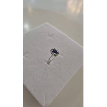 ANELLO Donna In ORO BIANCO 18 Karati 750% Con Zirconi Pietra Blu Ovale Centrale