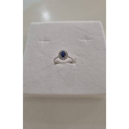 ANELLO Donna In ORO BIANCO 18 Karati 750% Con Zirconi Pietra Blu Ovale Centrale