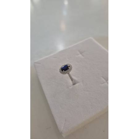 ANELLO Donna In ORO BIANCO 18 Karati 750% Con Zirconi Pietra Blu Ovale Centrale
