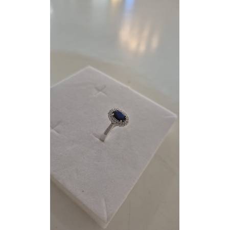 ANELLO Donna In ORO BIANCO 18 Karati 750% Con Zirconi Pietra Blu Ovale Centrale