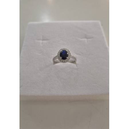 ANELLO Donna In ORO BIANCO 18 Karati 750% Con Zirconi Pietra Blu Ovale Centrale