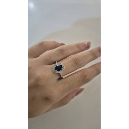 ANELLO Donna In ORO BIANCO 18 Karati 750% Con Zirconi Pietra Blu Ovale Centrale