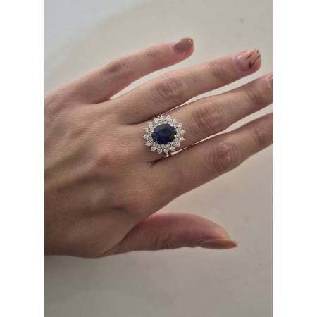 ANELLO Donna In ORO BIANCO 18 Karati 750% Con Zirconi Pietra Blu Ovale Centrale