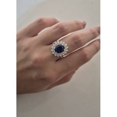 ANELLO Donna In ORO BIANCO 18 Karati 750% Con Zirconi Pietra Blu Ovale Centrale