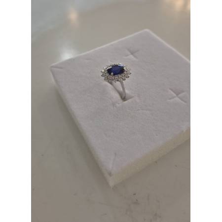 ANELLO Donna In ORO BIANCO 18 Karati 750% Con Zirconi Pietra Blu Ovale Centrale