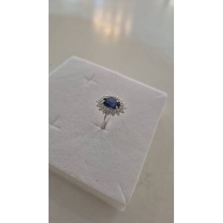 ANELLO Donna In ORO BIANCO 18 Karati 750% Con Zirconi Pietra Blu Ovale Centrale