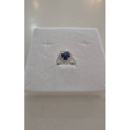 ANELLO Donna In ORO BIANCO 18 Karati 750% Con Zirconi Pietra Blu Ovale Centrale