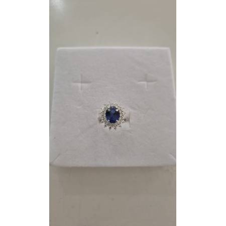 ANELLO Donna In ORO BIANCO 18 Karati 750% Con Zirconi Pietra Blu Ovale Centrale