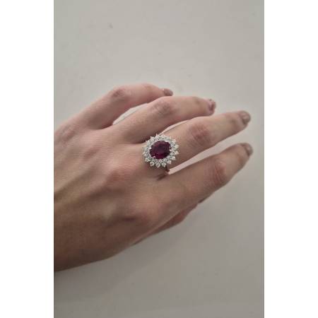 ANELLO Donna ORO BIANCO 18 Karati 750% Con Zirconi Pietra Rossa Ovale Centrale