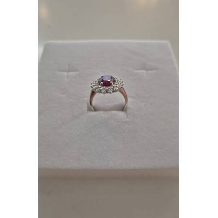 ANELLO Donna ORO BIANCO 18 Karati 750% Con Zirconi Pietra Rossa Ovale Centrale