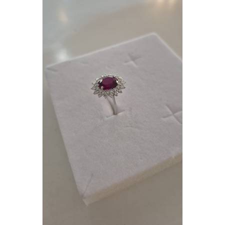 ANELLO Donna ORO BIANCO 18 Karati 750% Con Zirconi Pietra Rossa Ovale Centrale