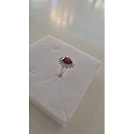 ANELLO Donna ORO BIANCO 18 Karati 750% Con Zirconi Pietra Rossa Ovale Centrale
