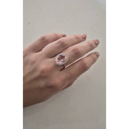 ANELLO Donna In ORO BIANCO 18 Karati 750% Con Zirconi Pietra Rosa Ovale Centrale