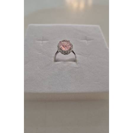 ANELLO Donna In ORO BIANCO 18 Karati 750% Con Zirconi Pietra Rosa Ovale Centrale