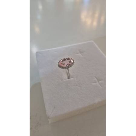 ANELLO Donna In ORO BIANCO 18 Karati 750% Con Zirconi Pietra Rosa Ovale Centrale
