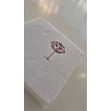 ANELLO Donna In ORO BIANCO 18 Karati 750% Con Zirconi Pietra Rosa Ovale Centrale