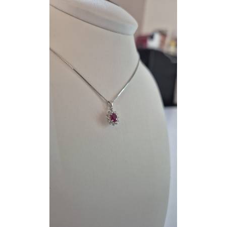 COLLANA RUBINO E DIAMANTI Pg Gioielli Oro Bianco 18 Karati 750% Catena Veneziana