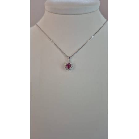 COLLANA RUBINO E DIAMANTI Pg Gioielli Oro Bianco 18 Karati 750% Catena Veneziana