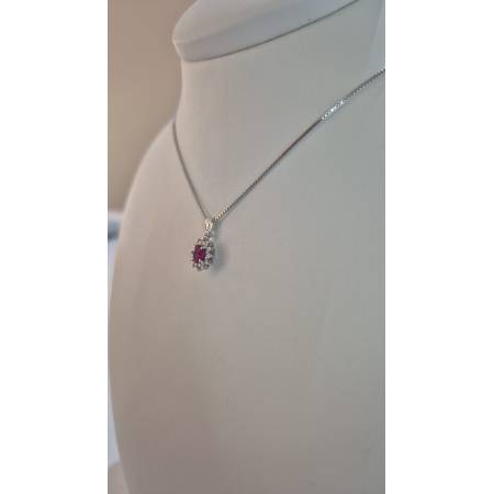 COLLANA RUBINO E DIAMANTI Pg Gioielli Oro Bianco 18 Karati 750% Catena Veneziana