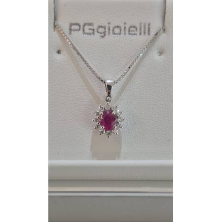 COLLANA RUBINO E DIAMANTI Pg Gioielli Oro Bianco 18 Karati 750% Catena Veneziana