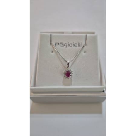 COLLANA RUBINO E DIAMANTI Pg Gioielli Oro Bianco 18 Karati 750% Catena Veneziana