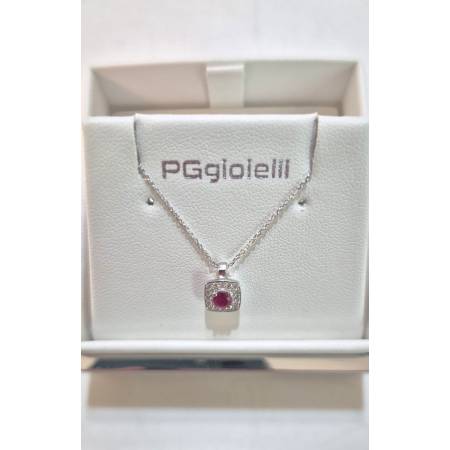 COLLANA RUBINO E DIAMANTI Pg Gioielli Oro Bianco 18 Karati 750% Catena Forzatina