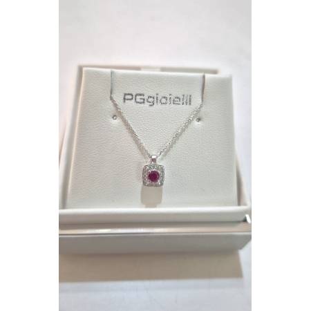 COLLANA RUBINO E DIAMANTI Pg Gioielli Oro Bianco 18 Karati 750% Catena Forzatina