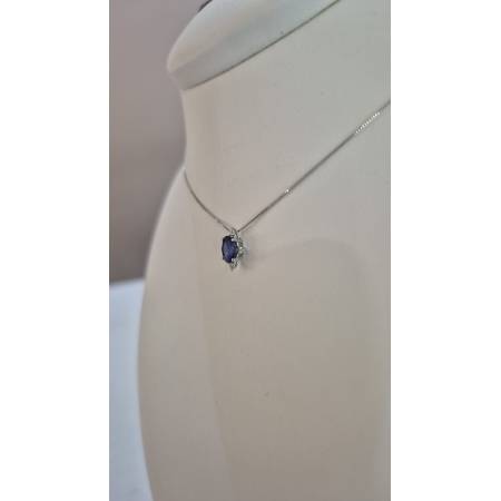 COLLANA Punto Luce ZAFFIRO BLU Tondo DIAMANTI Oro Bianco 18 Kt 750% PG GIOIELLI