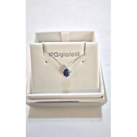 COLLANA Punto Luce ZAFFIRO BLU Tondo DIAMANTI Oro Bianco 18 Kt 750% PG GIOIELLI