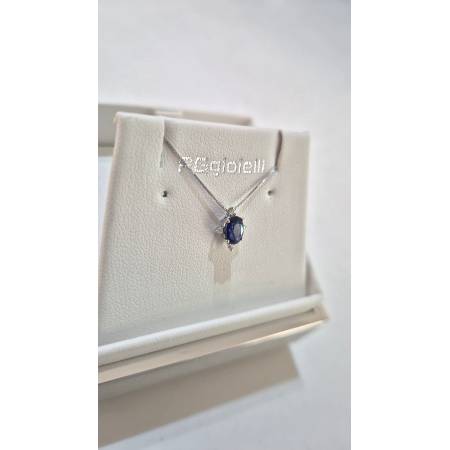 COLLANA Punto Luce ZAFFIRO BLU Tondo DIAMANTI Oro Bianco 18 Kt 750% PG GIOIELLI