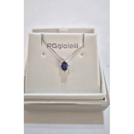 COLLANA Punto Luce ZAFFIRO BLU Tondo DIAMANTI Oro Bianco 18 Kt 750% PG GIOIELLI