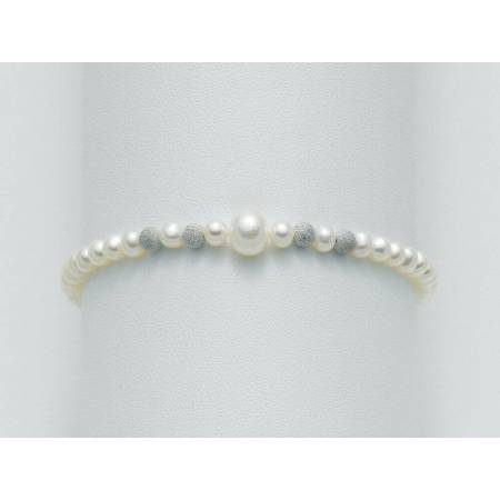 BRACCIALE DI PERLE MILUNA Con 4 SFERE DIAMANTATE E PERLA CENTRALE Con Chiusura In ORO BIANCO 18 KT PBR1409 - 1