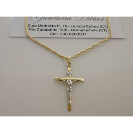 COLLANA Collier Con CROCEFISSO ORO GIALLO BIANCO 18 Karati 750% Unisex Bicolore - 1