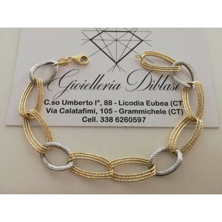 BRACCIALE Donna In ORO 18 Karati 750% Bicolore GIALLO BIANCO Maglia Ovali CATENA - 1