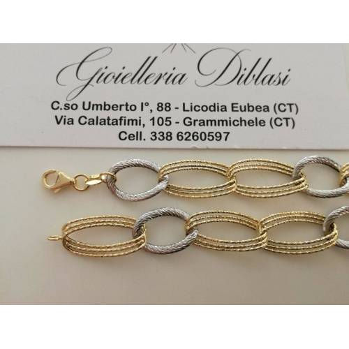 BRACCIALE Donna In ORO 18 Karati 750% Bicolore GIALLO BIANCO Maglia Ovali CATENA - 2