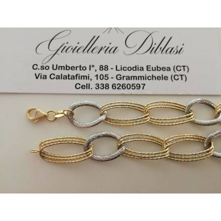BRACCIALE Donna In ORO 18 Karati 750% Bicolore GIALLO BIANCO Maglia Ovali CATENA - 2