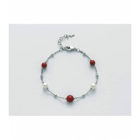 BRACCIALE DI PERLE MILUNA PASTA DI CORALLO ROSSO ARGENTO 925% PBR3017 - 1