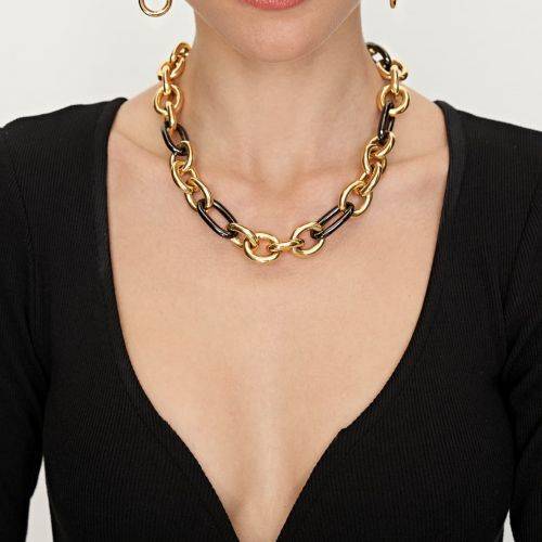 COLLANA UNOAERRE Donna Maglia Catena Placcato Oro Giallo 24K BRONZO Dorato Nero - 2