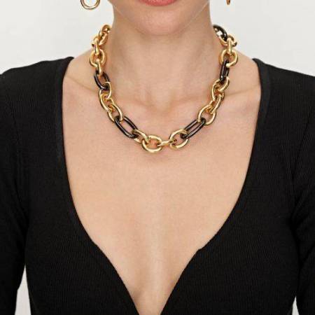 COLLANA UNOAERRE Donna Maglia Catena Placcato Oro Giallo 24K BRONZO Dorato Nero - 2
