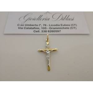 CIONDOLO CROCE Sacra CROCEFISSO CRISTO Pendente Oro 18 Karati 750% Giallo Bianco - 1