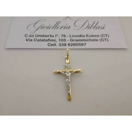 CIONDOLO CROCE Sacra CROCEFISSO CRISTO Pendente Oro 18 Karati 750% Giallo Bianco - 1